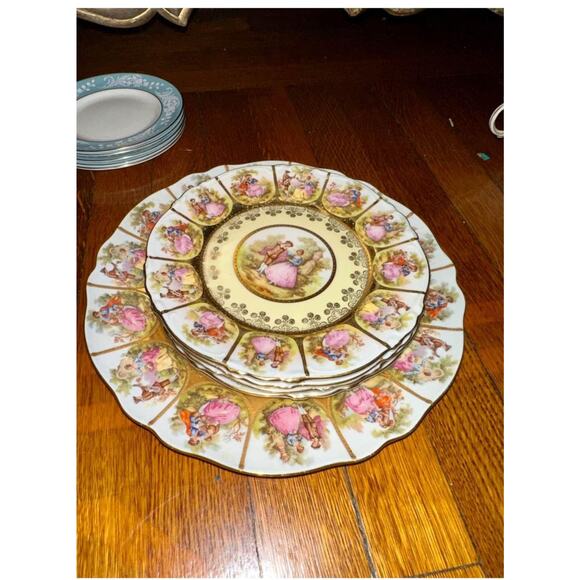 MIDCENTURY FRAGONARD LOVE STORY ALT WIEN STAMPED 5 PIECE PLATE SET 1945-1952 - Picture 1 of 13